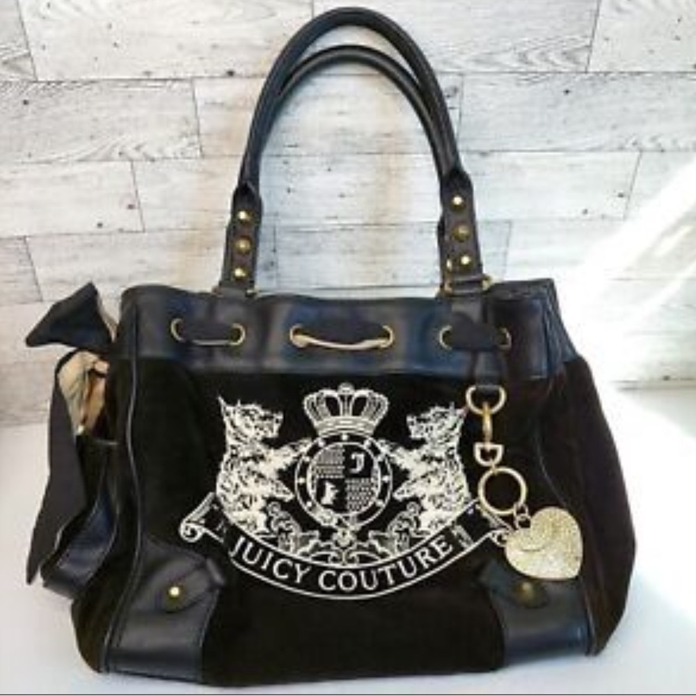 Juicy Couture VINTAGE OG Black Velvet Crest Tote with Gold Heart Charm